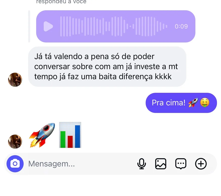 Print de conversa: aluno diz que já está valendo a pena poder conversar com quem investe há muito tempo e que isso faz uma baita diferença
