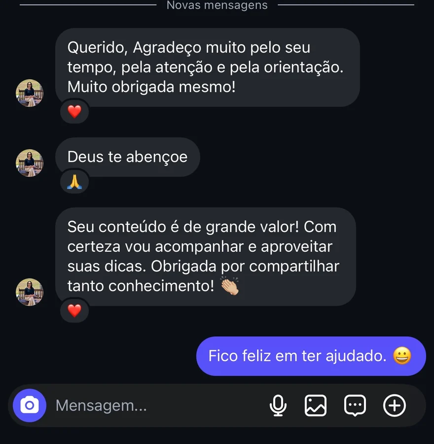 Print de conversa: aluna agradece pelo tempo e pela orientação e diz que o conteúdo é de grande valor