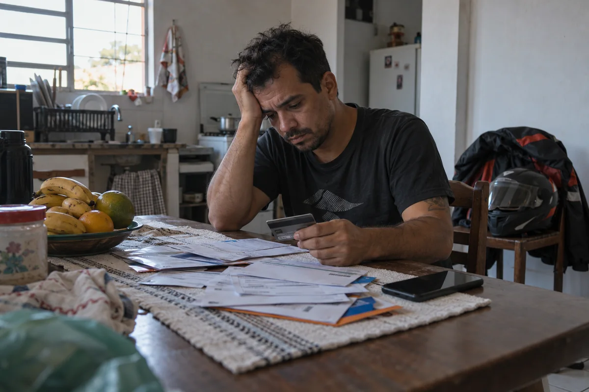 Autônomo à noite na mesa da cozinha, segurando um cartão de crédito diante de contas abertas
